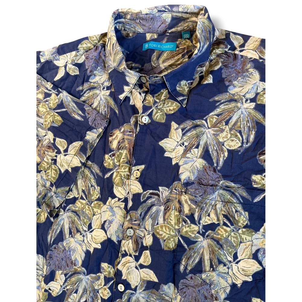 Tori Richard Mens XL Blue Tropical Leaf Print Short Sleeve Button Down Shirt
